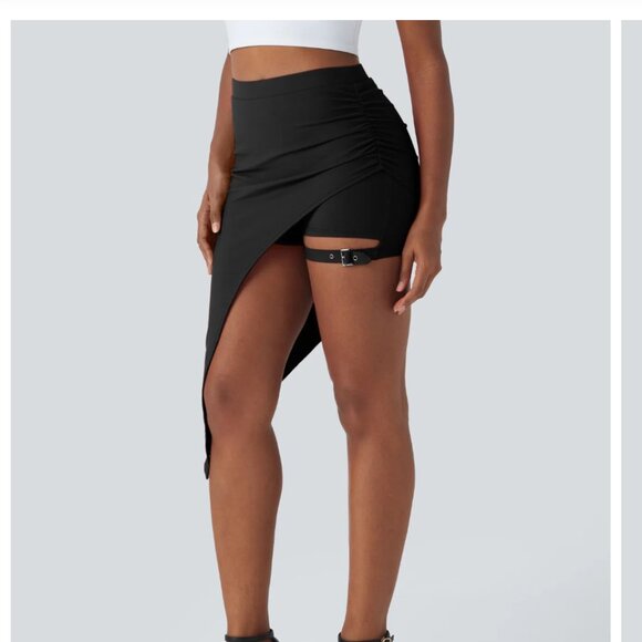 High Waisted Ruched Adjustable Buckle 2-in-1 Pocket High Low Dance Skirt - Picture 2 of 5